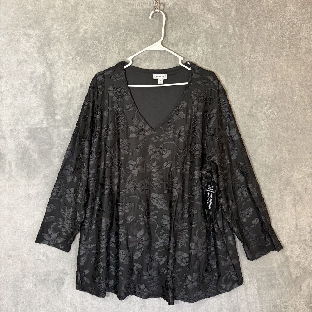 NWT Catherine's Women 2X Top Black Velvet Burnout Floral 3/4 Sleeve Tunic
